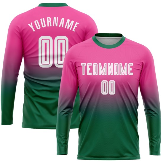 Custom Pink White-Kelly Green Sublimation Long Sleeve Fade Fashion Soccer Uniform Jersey