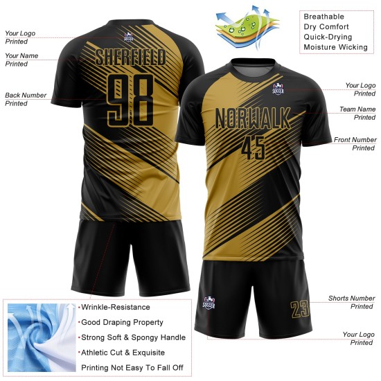 Custom Black Old Gold Line Sublimation Soccer Uniform Jersey